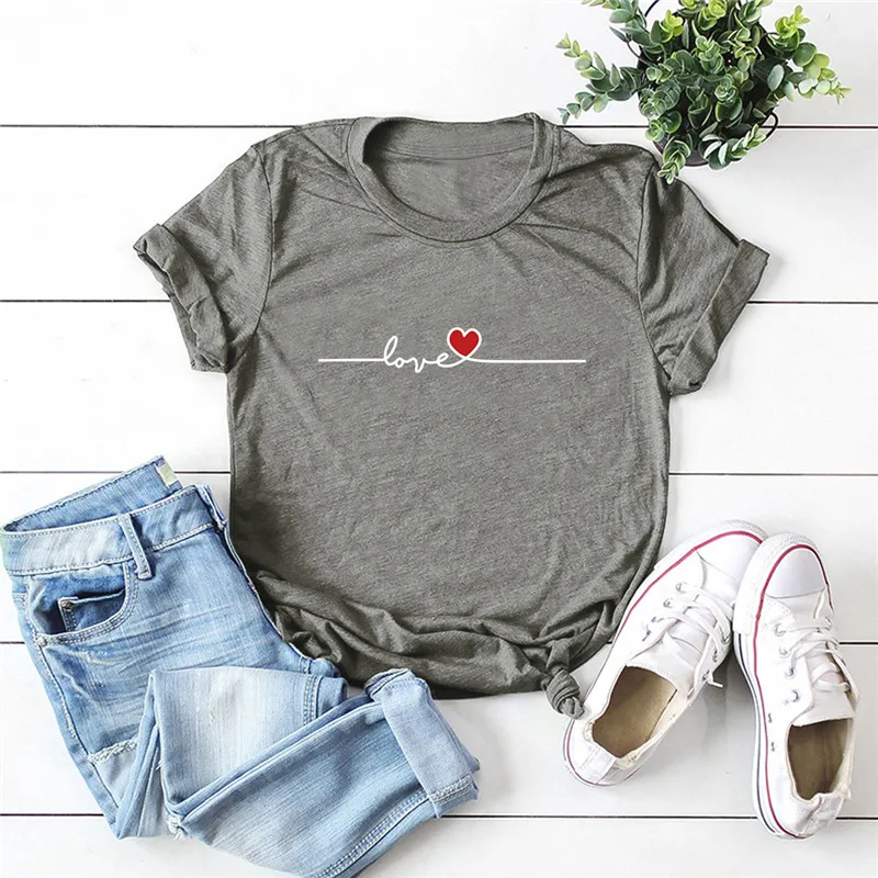 

2021 New Plus Size T-Shirt Women New Love Heart Print Women Shirts O Neck Short Sleeve Tees 100%Cotton Top Summer Woman Tshirts