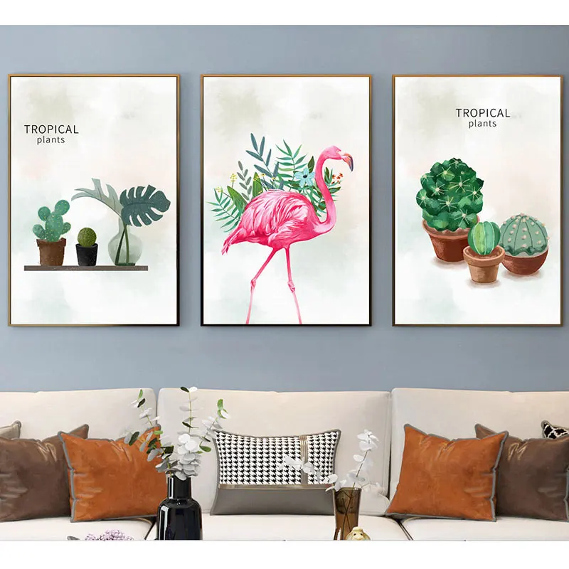 

Posters Pink Flamingo Cactus Plant Print Wall Abstract Art Animal Pictures Canvas Nordic Living Room Decoration Wall Paintings