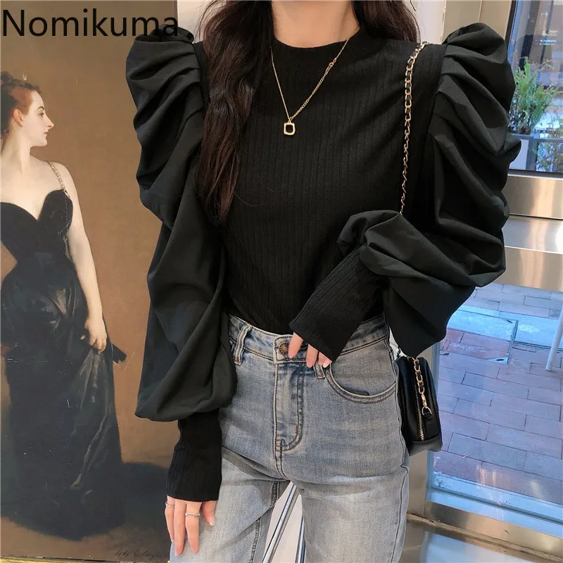 Женский пуловер с длинными рукавами Nomikuma вязаный тонкий буфами и круглым вырезом