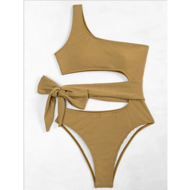 

2021Hot Style Sexy Siamese Swimsuit Suit New Solid Color Hollow European American High Waist Strap Bikini Seaside Vacation