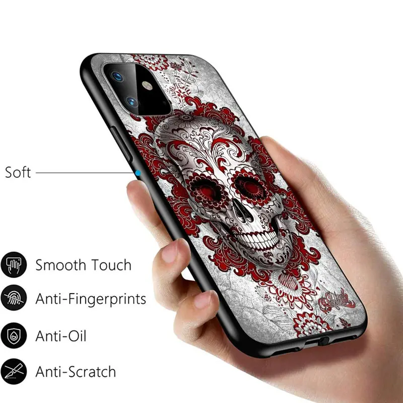 

Skull art flowers For Apple iPhone 12 11 Pro Max mini XS Max XR X 8 7 6 6S Plus 5S SE 2020 Soft Black Phone Case