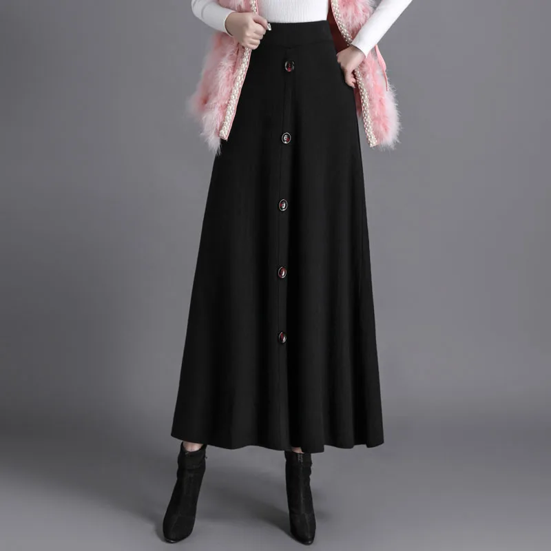 

Новая модная женская вязаная юбка средней длины, шерстяная юбка на пуговицах, плиссированная Плотная юбка с зонтиком, характерная женская о...