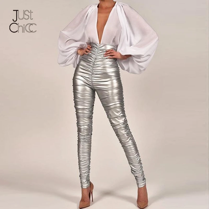 Однотонные штаны Justchicc с высокой талией облегающие Серебристые сексуальные