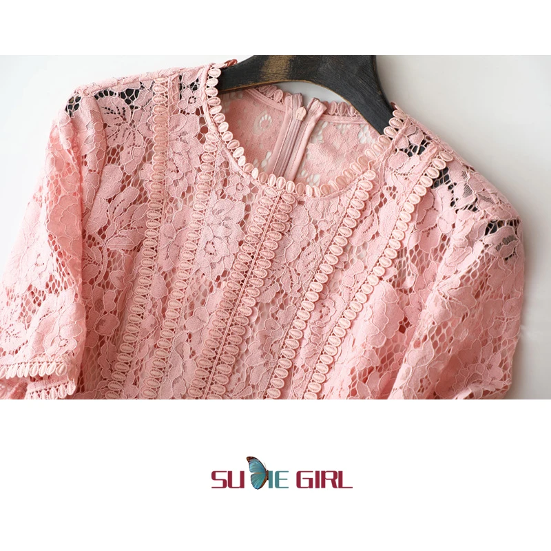 

SUDIE Girl Commute style five-point sleeve dress, French elegant round neck high waist gathered lace lady dress
