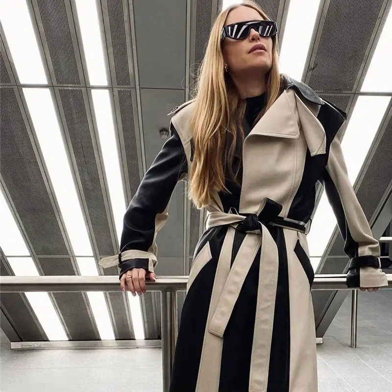 Women Long Genuine Leather Coat Ladies Real Sheepskin Windbreak Natural Lambskin Trench Contrast color