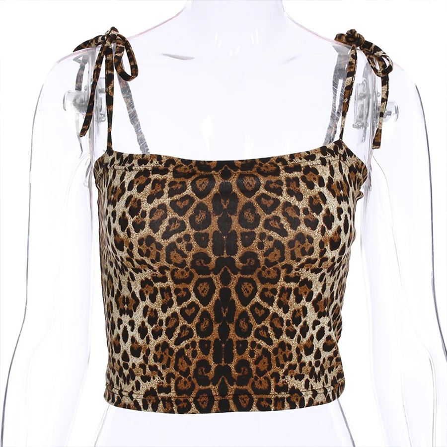 Кроп-топ женский леопардовый без рукавов с лямкой на шее | Женская одежда