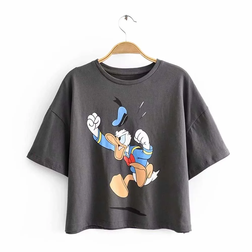 grey Летняя модная футболка Женская harajuku Корейская одежда уличная мультяшная девочка принт хлопок с круглым вырезом Футболка Топы Большие размеры - Цвет: grey