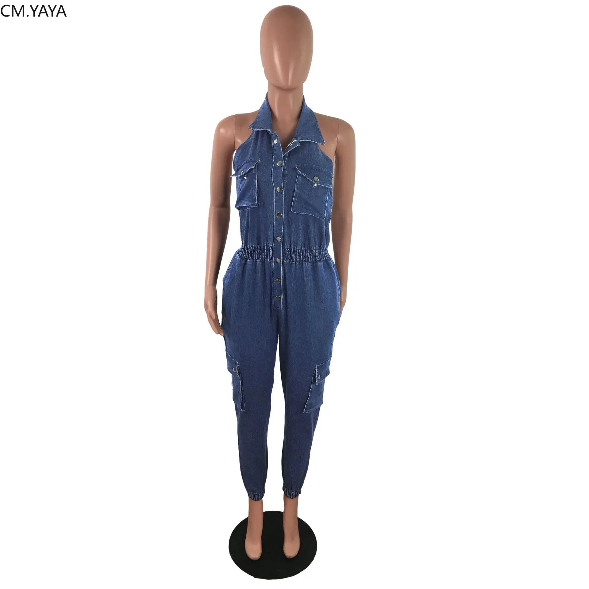 Женский джинсовый комбинезон на пуговицах без рукавов с открытой спиной Модный