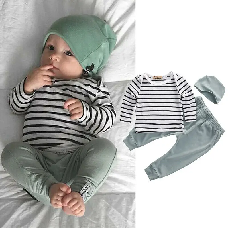 

3pcs Newborn Baby Boy Clothes Kids Infant Stripe Tops Pants Hat Outfits Set Autumn Baby Clothing 2021 Casual Suits