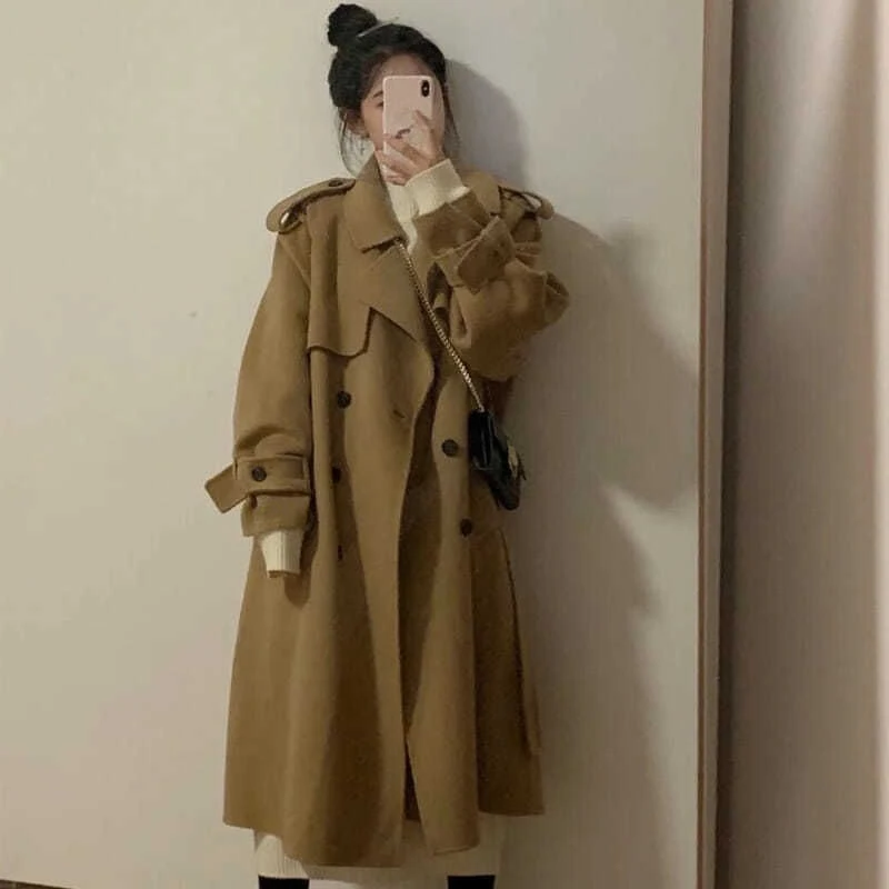 

Женское шерстяное пальто, винтажное Свободное пальто в Корейском стиле, длинная куртка из смешанной шерсти на шнуровке, элегантная верхняя ...