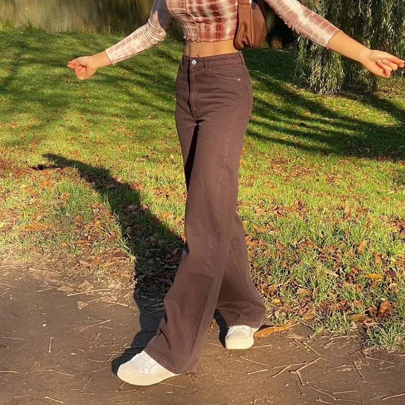 

2021 Vintage High Waist Women's Jeans Summre Y2K Casual Brown Baggy Female Pants Fashion Harajuku Cotton Sports Trousers