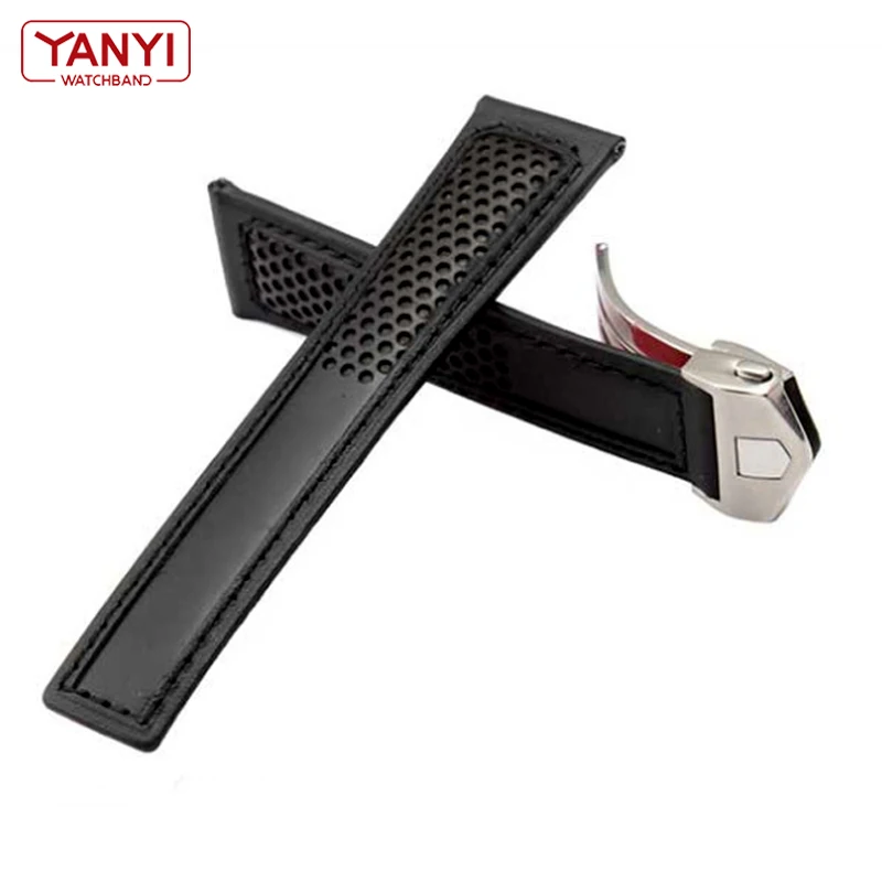 Genuine Leather Strap 22m for ta-g he-uer F1 watchband Red stitches wristwatches band fold buckle leather watch bracelet