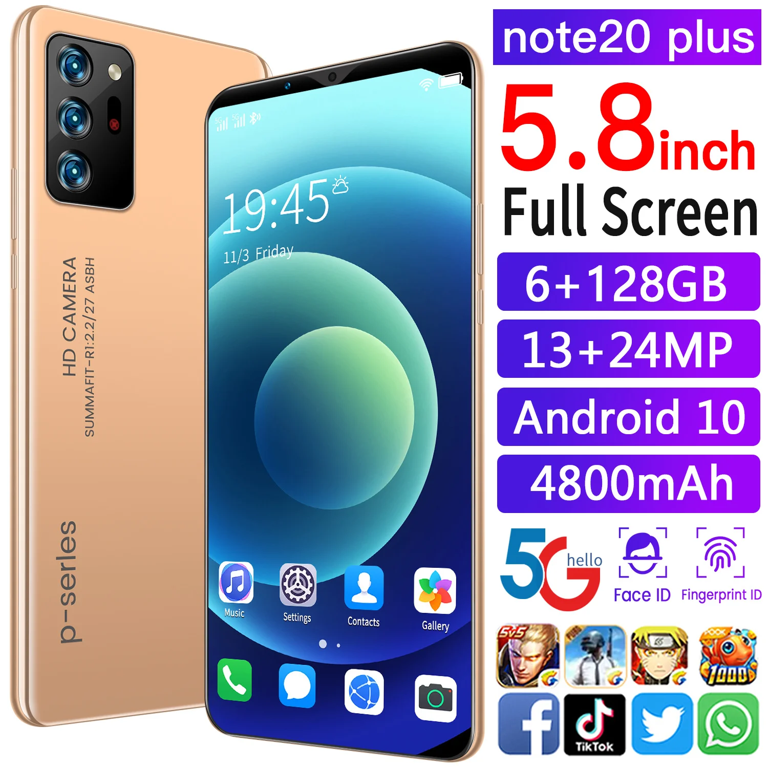

Note20 Plus Andriod 10 Cell Phone Global Version 5.8 Inch 6+128GB 10 Core 13+24MP Face Fingerprint ID MTK6799 Mobile Smart Phone