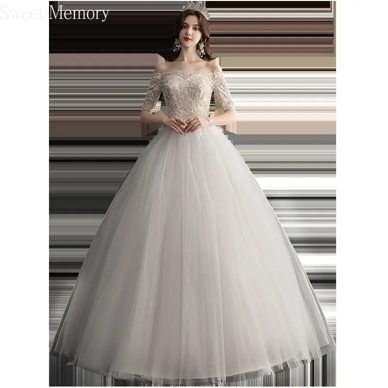 

2021 Sweet Memory Bride Dresses Sexy Boat Neck Wedding Dress Embroidery Half Sleeve Robe Mariage Vestidos De Boda White Gown