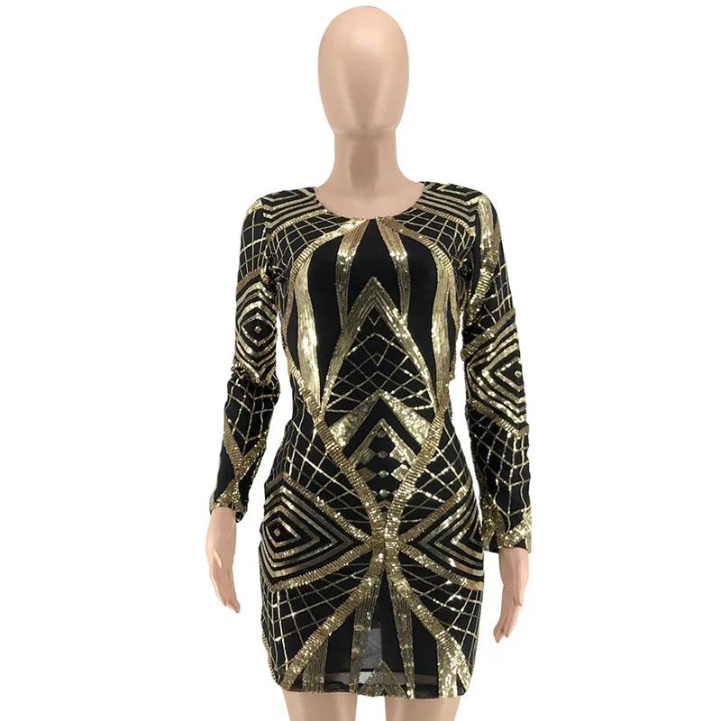 Женское зимнее мини платье с длинным рукавом и геометрическим рисунком расшитое