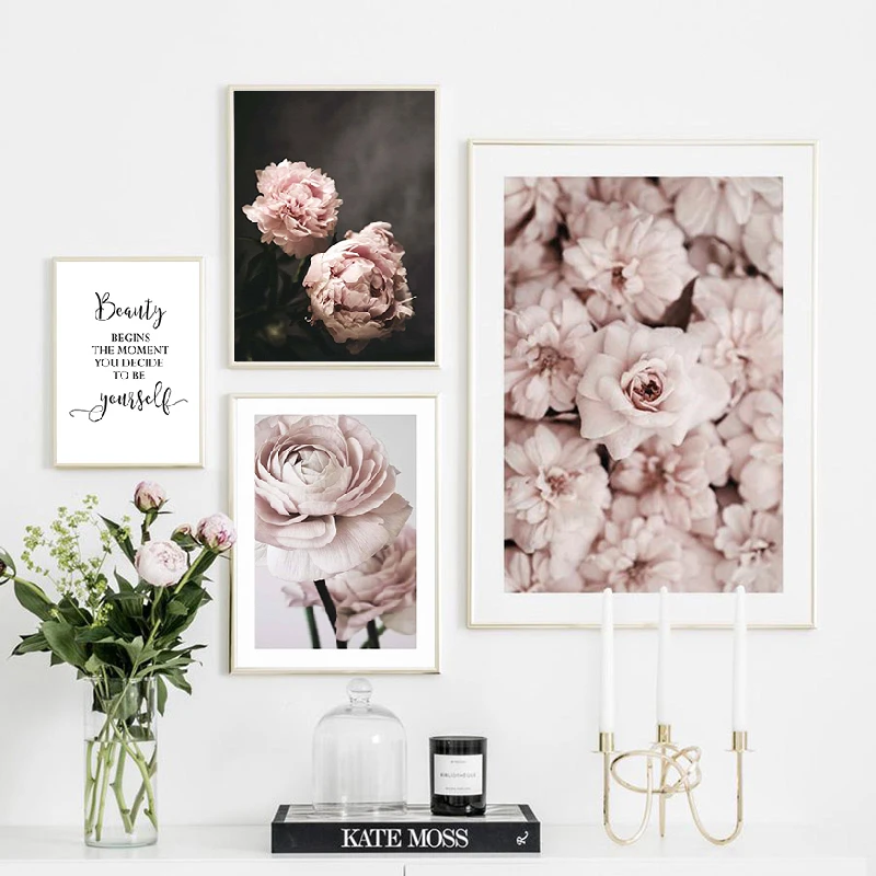 Картина на холсте с цветами декоративный постер в скандинавском стиле розовыми