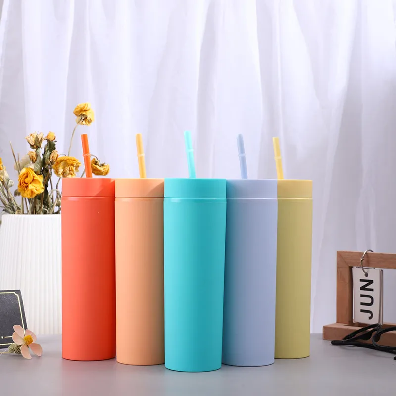 

double wall matte finish reusable skinny 473ml 16oz plastic tumbler double wall tumbler with straw water bottle