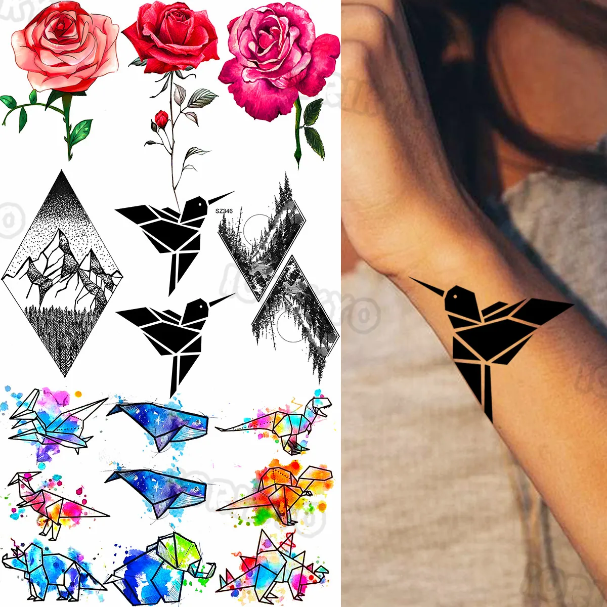 

Bird Temporary Tattoos Small For Women Kids Watercolor Rose Flower Dinosaur Whale Mountain Fake Tattoo Sticker Arm Body Tatoos