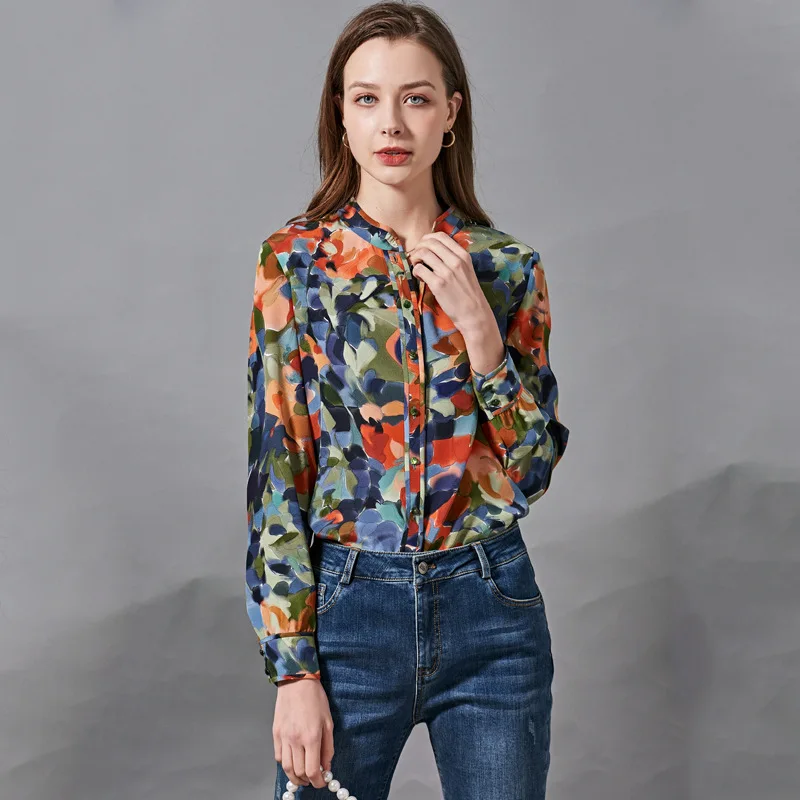 

2021 Spring New Women's Clothing OL Blouse Temperament Printing Versatile 100% Mulberry Silk Shirt Long Sleeve Top
