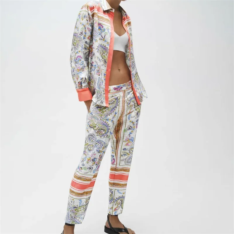 

TRAF Women 2021 Fashion With Pleated Printed Pants Vintage Elastic Waist Straight Female Calf-Length Trousers Mujer Streetwear