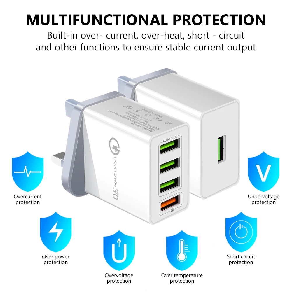 2 4/3A 5 в 1/4 USB QC 3 0 UK штекер зарядное устройство с кабелем Быстрая зарядка адаптер