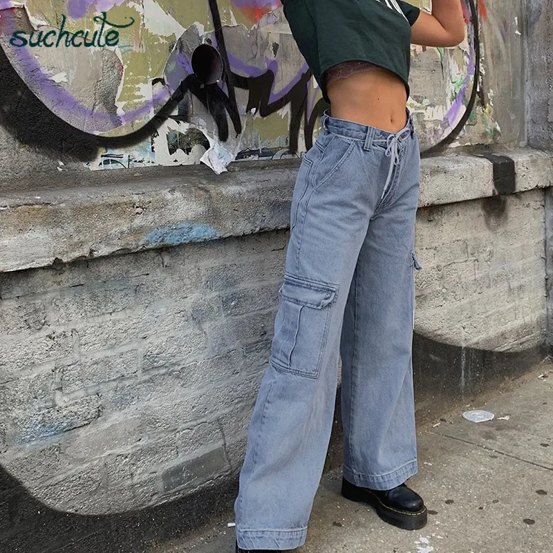 SUCHCUTE Pockage женские джинсы в клетку, джинсовые штаны, широкие брюки в стиле панк, корейский стиль, Harajuku, женские штаны для бега, Harajuku, бриджи