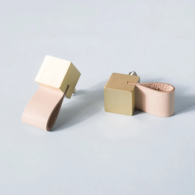 Скандинавская твердая латунь + кожаная ручка и для шкафа/шкафа выдвижного ящика