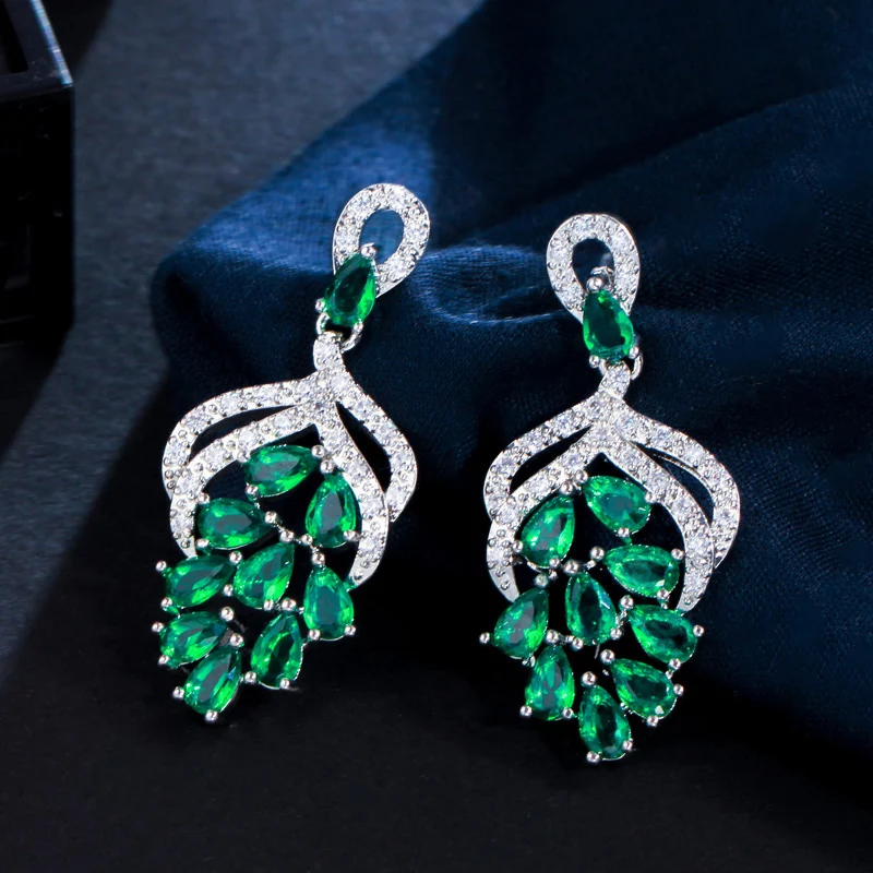 Handmade Luxury Big Dropping Grape Flower Shaped Micro Pave Royal Blue Green Cubic Zircon Stones Earrings for Women CZ142
