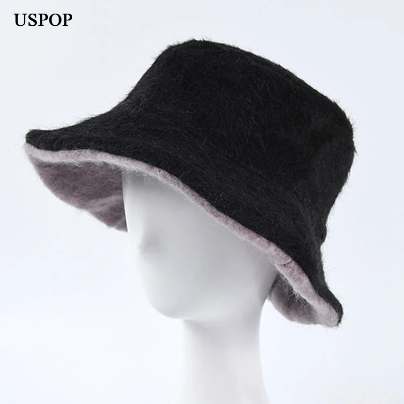 USPOP,, зимние шапки, новинка, женские шапки, одноцветные, толстые, теплые шапки, плоский верх, искусственный мех, Панама