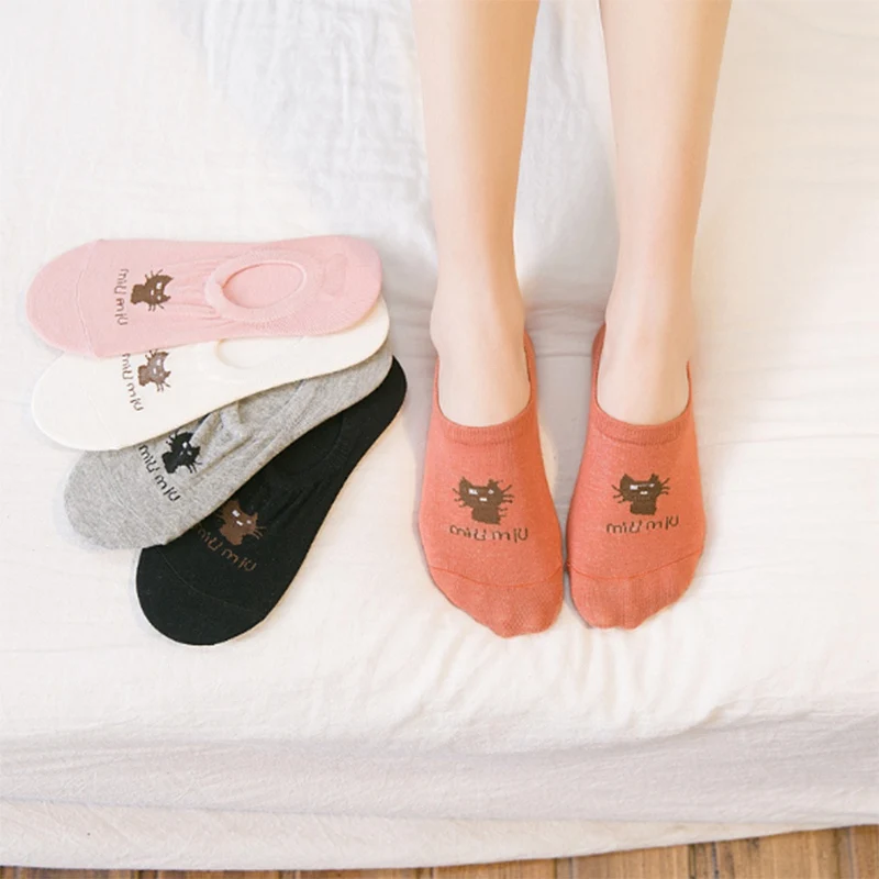 Милые хлопковые женские носки с мультяшными животными невидимые лодочки