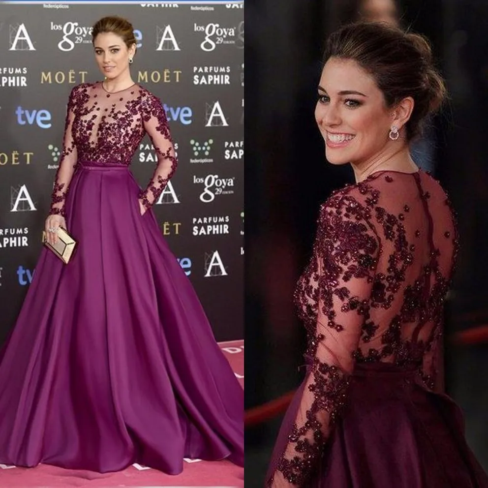

Unique Appliques Beaded Sheer Long Sleeves Red Carpet Dress Ball Gown Formal Evening Dresses Sweep Train Long Prom Gowns