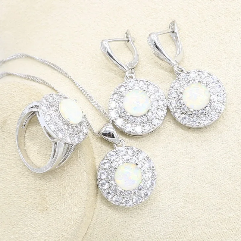 Круглые серьги с белым огненным опалом ожерелье кольцо подвеской серебряный