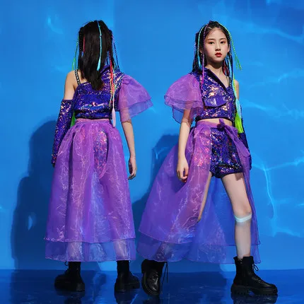 

New Girls' Jazz Dance Costumes New Fashion Purple Hip-Hop Sequin Lace Suit Kids Street Dance Performance Stage Clothes 120-170CM