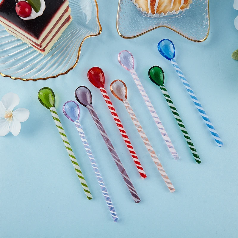 

1 шт., цветная стеклянная ложка с длинной ручкой, термостойкая столовая посуда, кухонная десертная ложка, стеклянная ложка