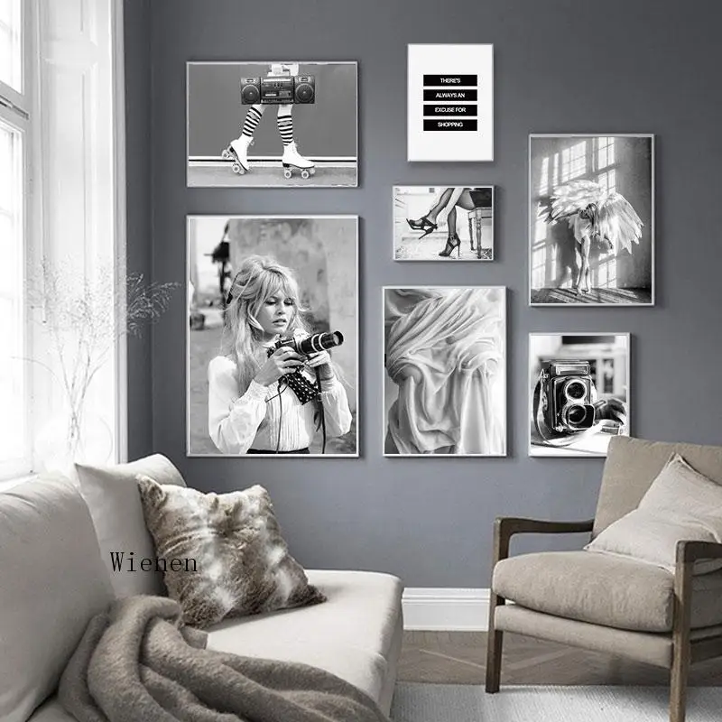 

Black and White Poster Fashion Sexy Movie Girl Camera Canvas Painting Minimalist Wall Art Picture Modern Living Room Decor