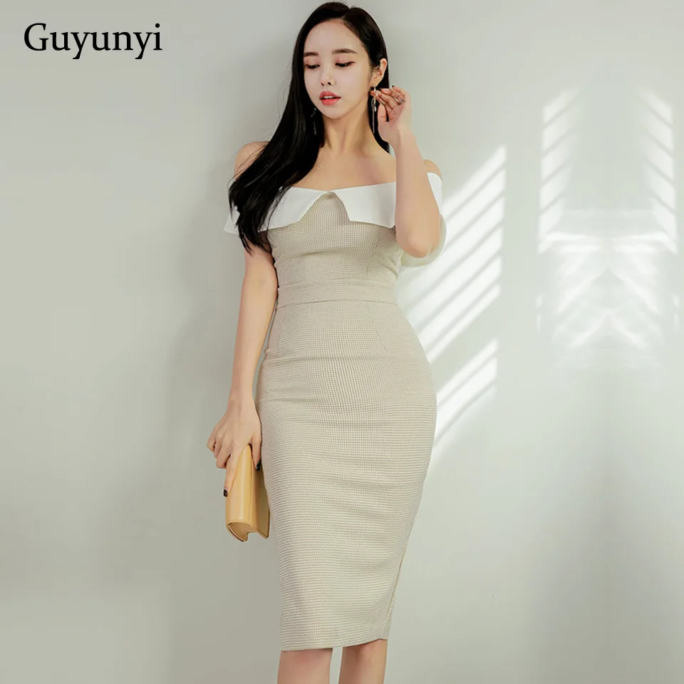 

Plaid Office Lady Dress 2022 Spring High Waist Tight Sexy Sleeveless Slash Neck Off The Shoulder Elegant Party Dress Women