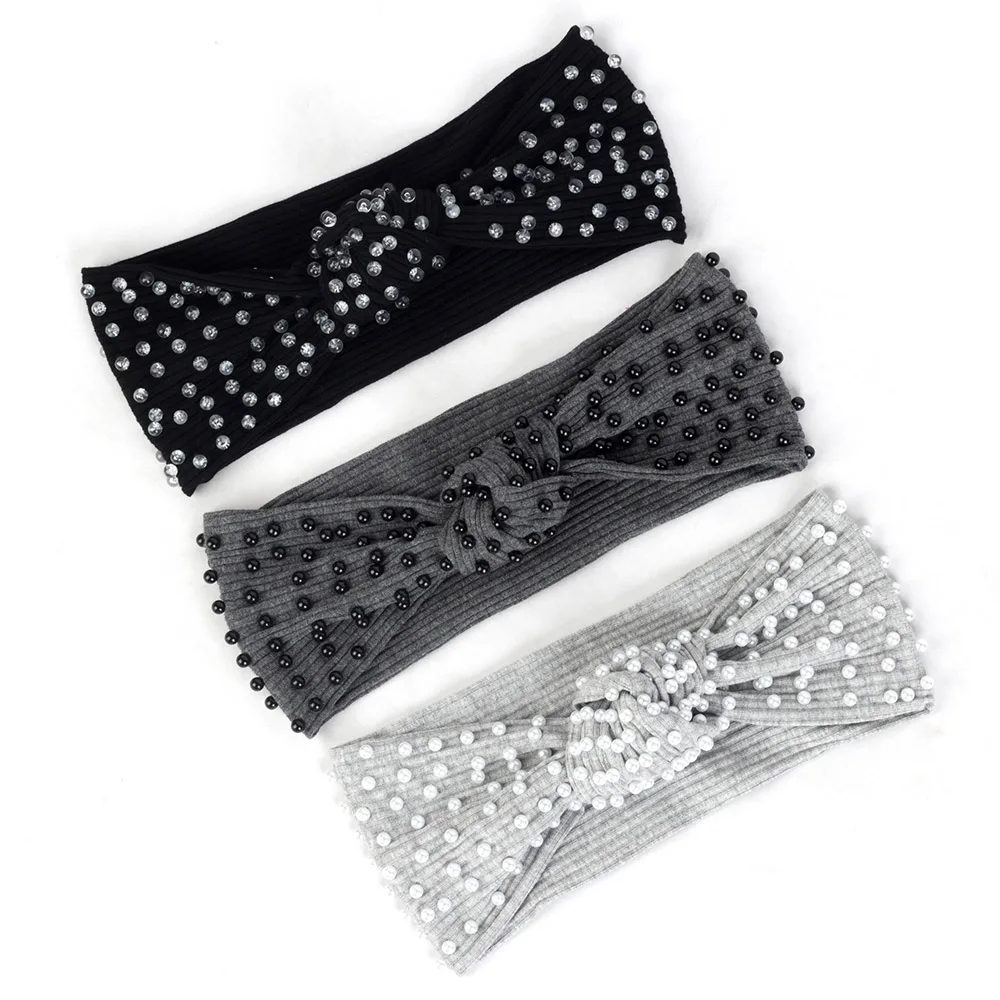 

Women Pearls Accessories Cotton Headband Ribbed Knotted Flat Hairband For Female Ladies Fashion Elastic Turban Head Wrap