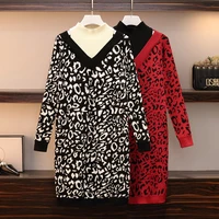 ehqaxin autumn winter womens leopard print knitted dress fashion mid length contrast stitching base long sleeved sweater l 4xl