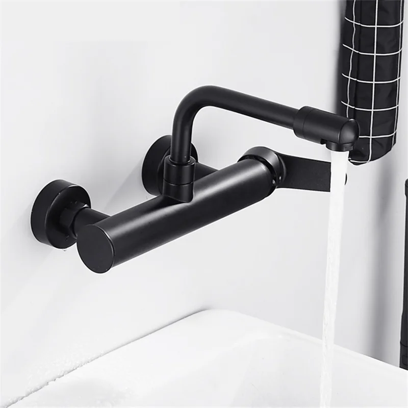 

2022 LIUYUE Kitchen Faucets Black Brass Wall Mounted Dual Hole Bathroom 360 Rotate Basin Faucet Cold Hot Water Sink Crane Mixer