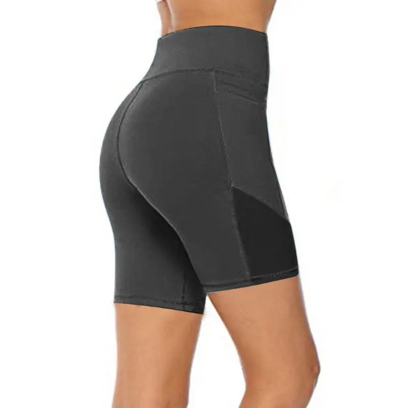 

Women High Waisted Pocket Biker Shorts Tummy Control Mesh Splicing Leggings Solid Color Running Exercise Tights with Pocket