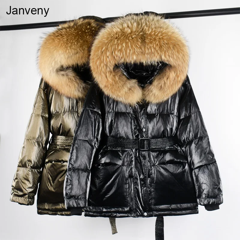 

Janveny Huge Real Raccoon Fur Hooded 2021 Short Puffer Down Jacket Women Winter Feather 90% White Duck Down Coat Female Parkas