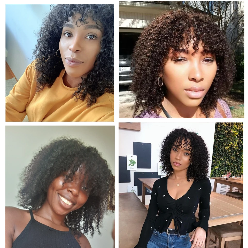 

Afro Kinky Curly Wigs With Bangs Human Hair Full Machine Made Wigs With Bangs Indian Remy Human Hair Wig For Black Women 180%