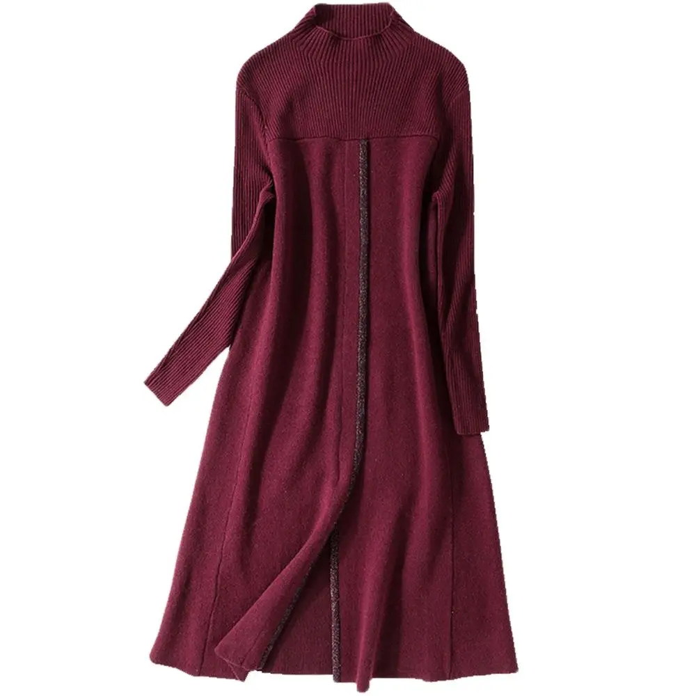 

Vestido de punto liso con cuello alto para mujer, Vestido de manga larga con cuello alto suelto a la moda para Otoo e Invierno
