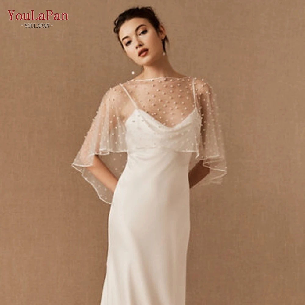 

YouLaPan G27 Pearls Bridal Cape Cloak Cover over the Shoulder Wedding Shawl Short Front Long Back Elegant Wedding Shawl