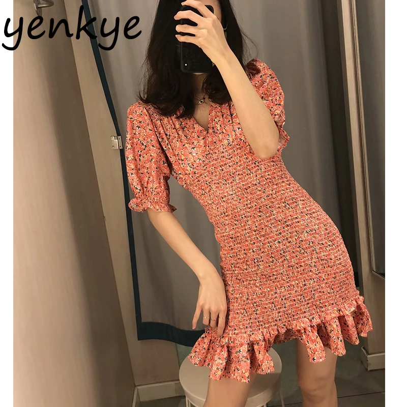 

Floral Print Elastic Dress Women Ruffle Bodycon Mini Dress Sweet Lady V Neck Short Sleeve High Waist Summer Dress Party vestido