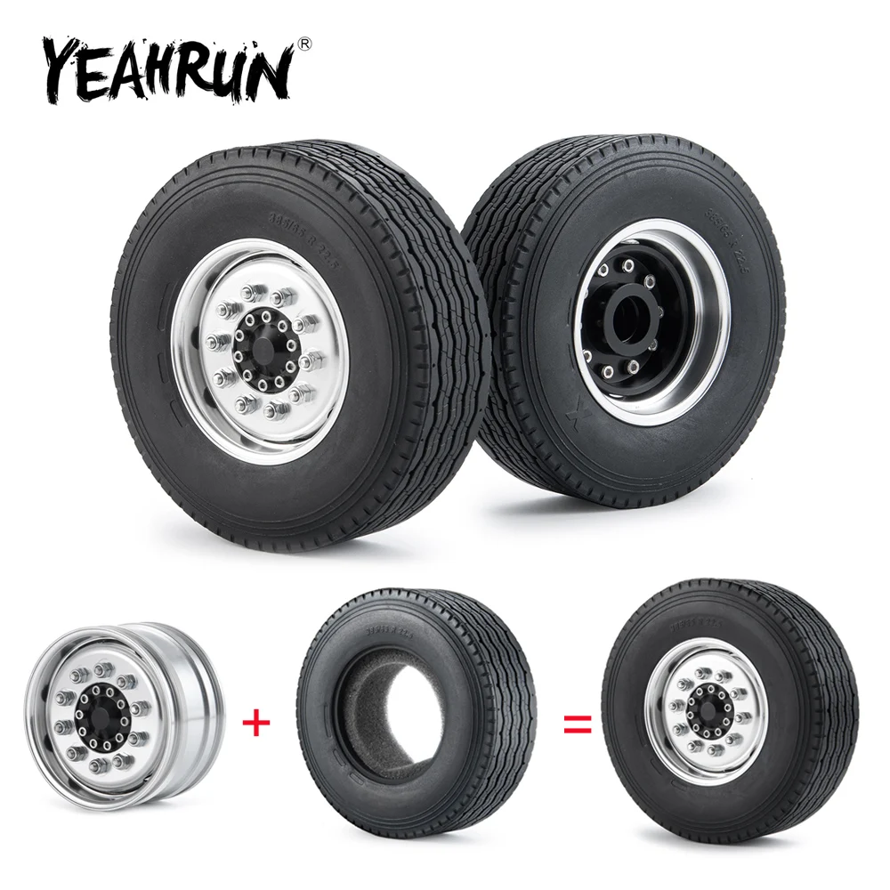 YEAHRUN 1Set 1/14 Tamiya Metal Front Wheel Hub Rims with 28mm Width Rubber Tires for 1:14 RC Trailer Tractor Truck Car Parts