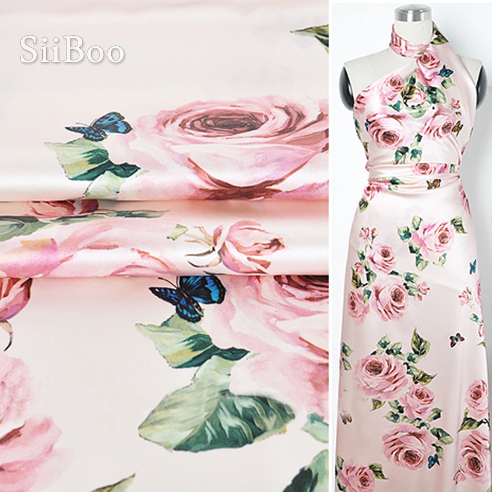 Итальянская Роскошная розовая и черная шелковая ткань из спандекса с принтом