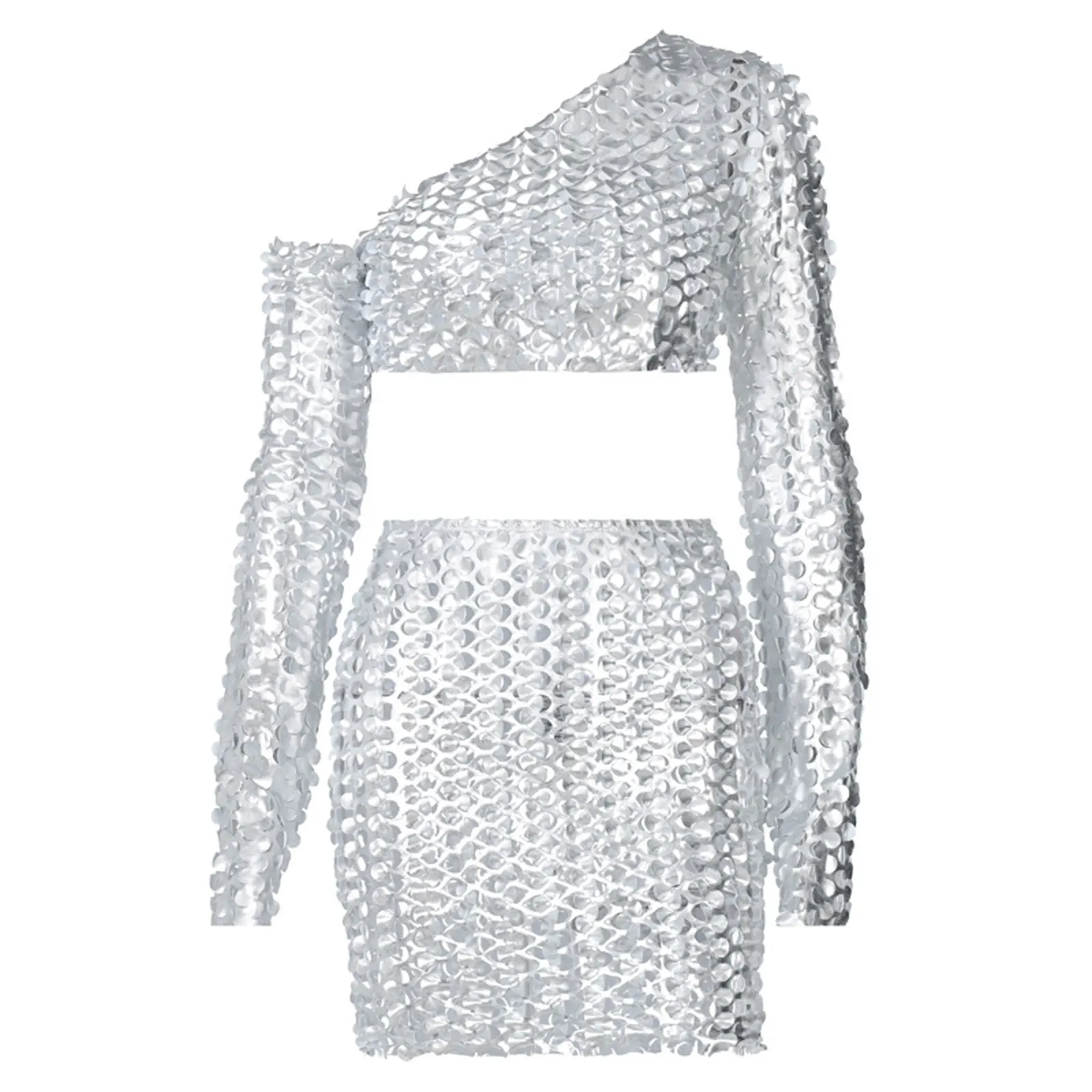

Women Hollow Out See Through Sexy Set Solid Color Long Sleeve Oblique Shoulder Top High Waist Slim Mini Skirt Party Clubwear