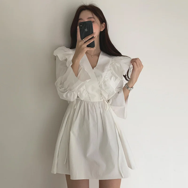 

V-neck Sexy Dress Women Cross Ruffle Lace Up Waist Flared Sleeve Short Small Dress Korean Chic One Piece Dress Early Spring
