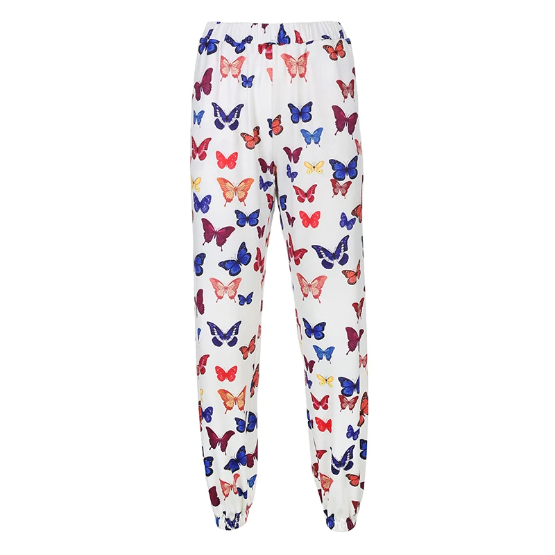 

Rapcopter Butterfly Printed Ladies Sweatpants Casual Elastic High Waist Harem Pants Summer Streetwear Length Pants Hip Hop 2020
